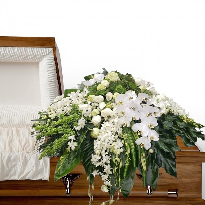 White Orchids and succulents casket spray